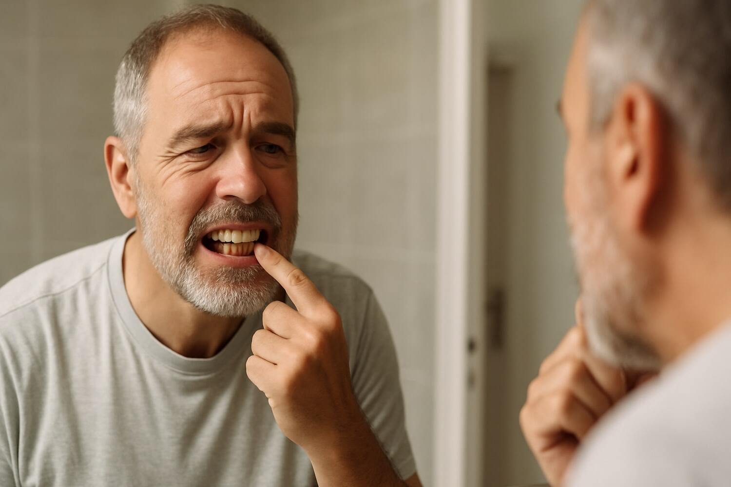 aynada diş kaplamasına bakan yaşlı adam