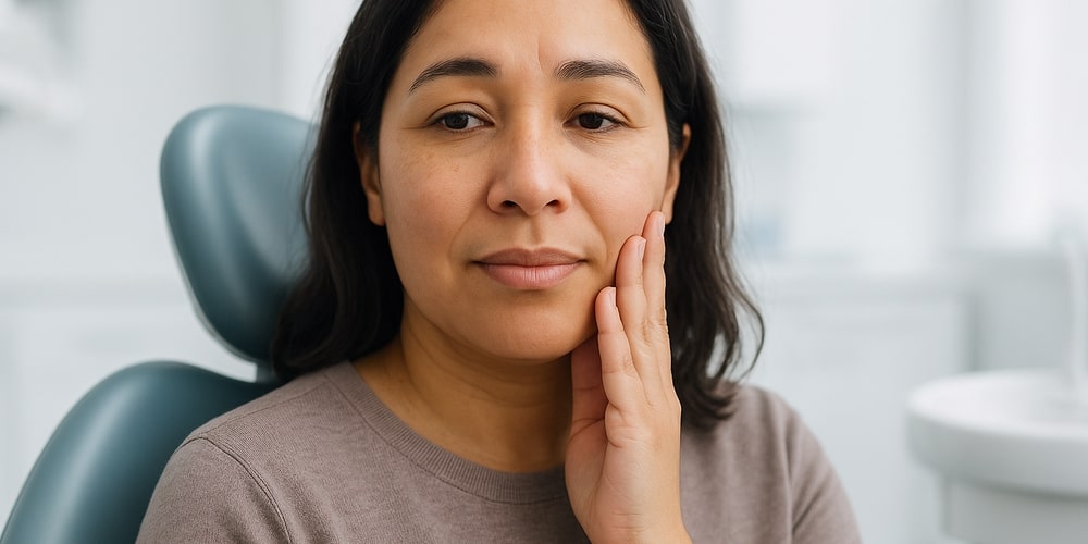 Modern diş ünitesinde oturan hasta, yanağını nazikçe tutarak hafif hassasiyet ifade ediyor