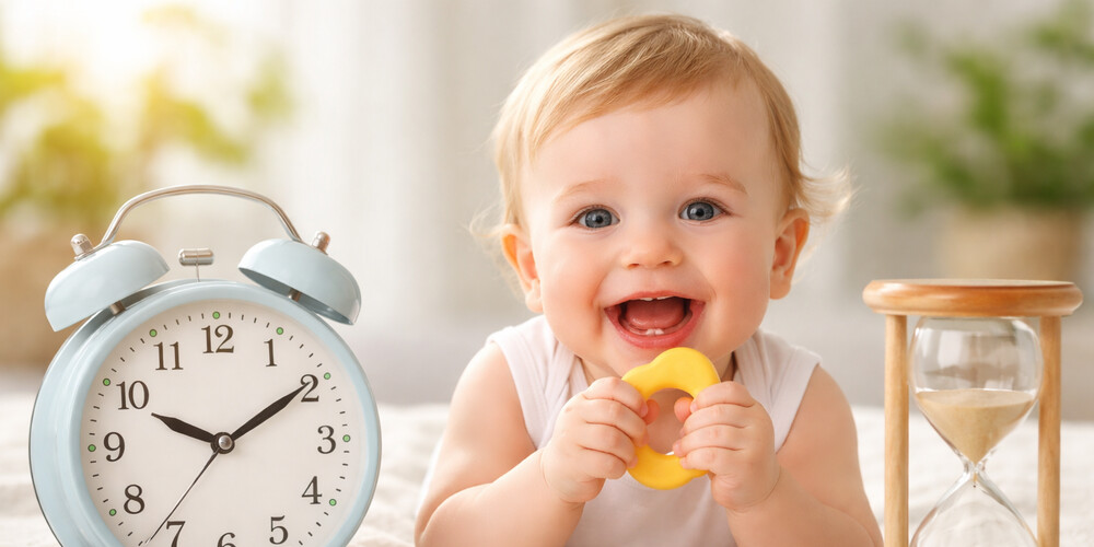 diş çıkaran bir bebek ve saat