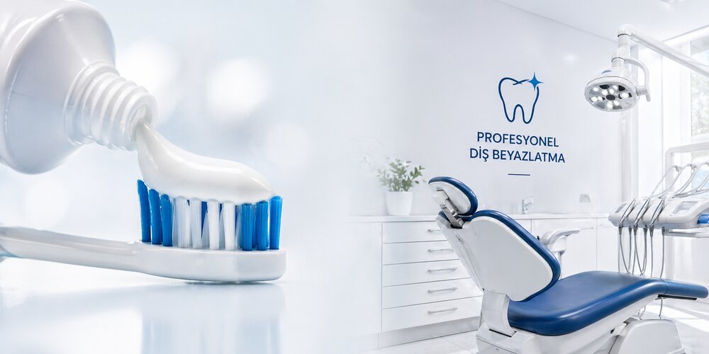 Sağında diş macunu solunda dişçi koltuğu olan görsel