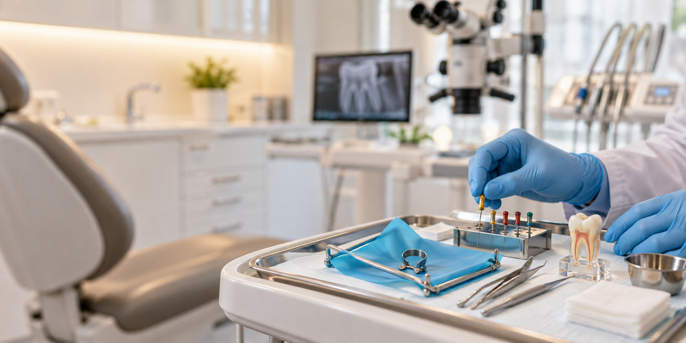 Kanal tedavisi yenileme için endodonti kliniğinde kullanılan mikroskop ve kanal tedavisi aletleri